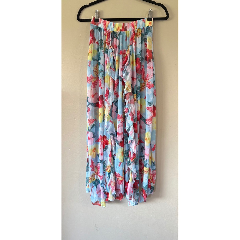 Tropical Hibiscus‎ Floral Sheer Maxi Skirt Ruffle Front Beach Cover Up One Size